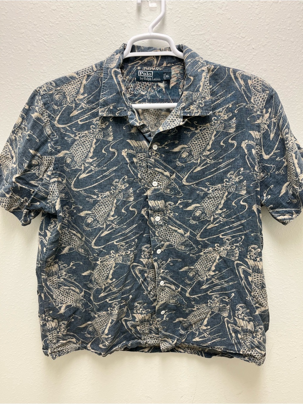 Polo by Ralph Lauren Navy Blue Koi Print Short-Sleeve Button Shirt Size XL
